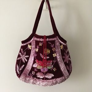 Gorgeous Vintage Burgundy Velvet + Sequin Evening Bag Lined in Burgundy Satin